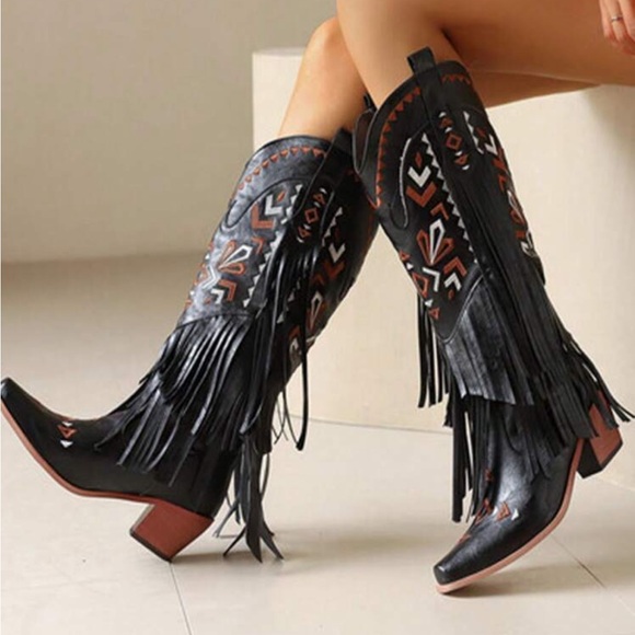 Cowgirl Western Boots Fringe Tassel Chunky High Heels Mid Calf Slip On - Picture 4 of 5